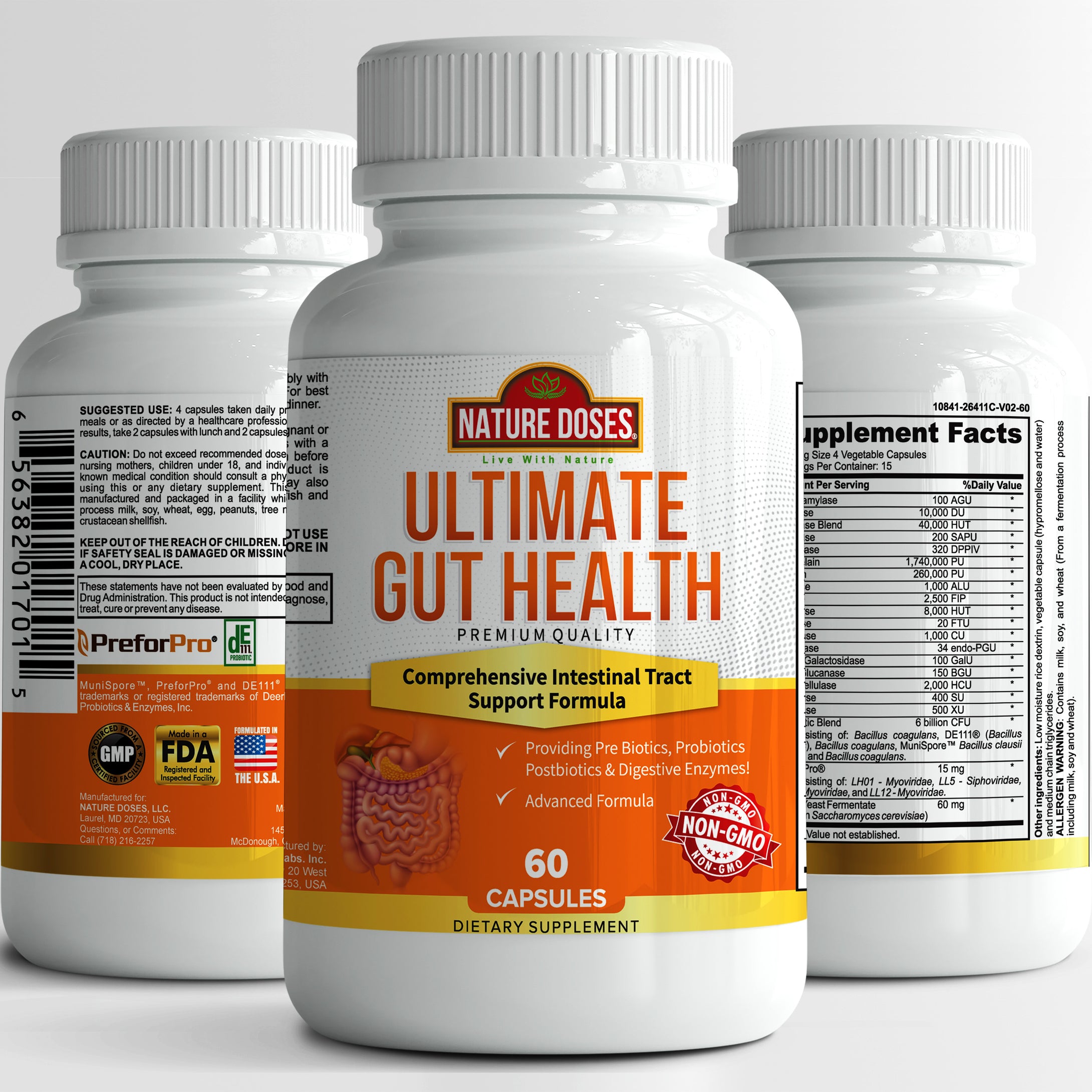 Nature Doses Ultimate Gut Health - Premium Quality Digest + Pre/Pro/Postbiotics - 60 Vegetable Capsules