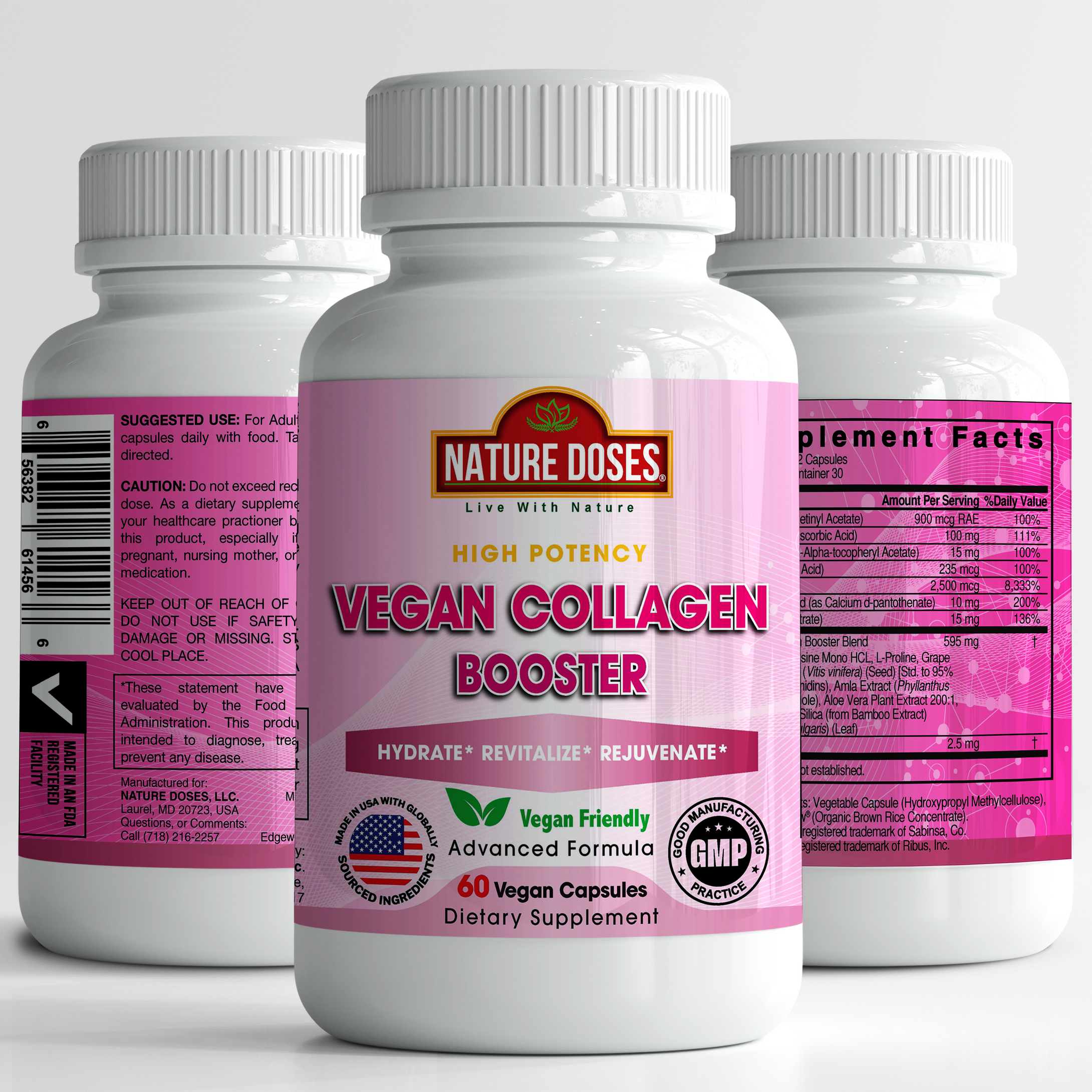 NATURE DOSES Vegan Collagen Booster supplement -Supports Skin, Hair, and Nail Health - Vegan Collagen Builder with Silica, Biotin, Super Berry Amla, Vitamin C and Resveratrol - 60 Protein Capsules